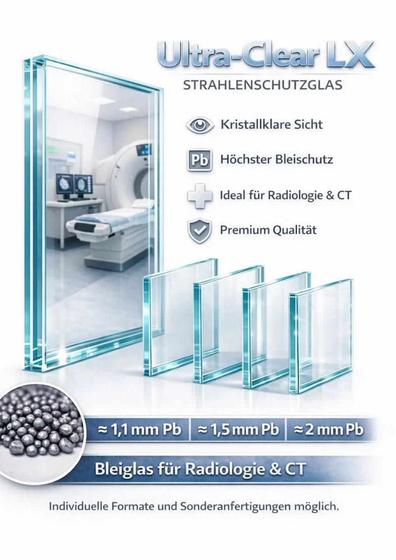 Ultra-Clear LX Strahlenschutzglas & Ultra-Clear LX Premium – Röntgenschutz Bleiglas für Radiologie, CT, Nuklearmedizin und Strahlenschutzfenster